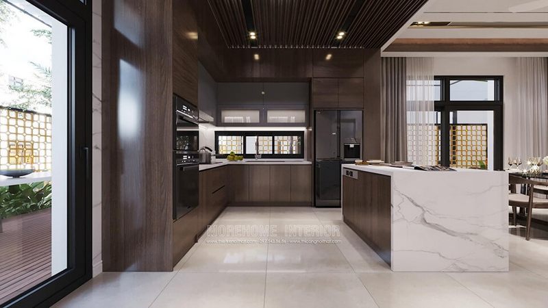 Tủ bếp gỗ óc chó đẹp, hiện đại cao cấp có sẵn tại biệt thự Starlake Tây Hồ Hà Nội.